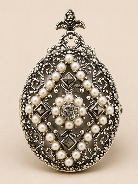 Jewelry - Vintage 925 Sterling Silver Marcasite Pearl Locket Pendant Gothic 1.75”